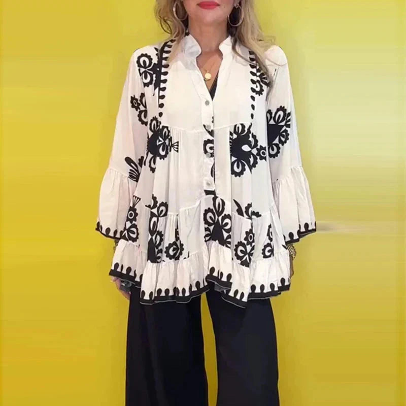 Ada Piemonte™ Boho style button front loose ruffle top