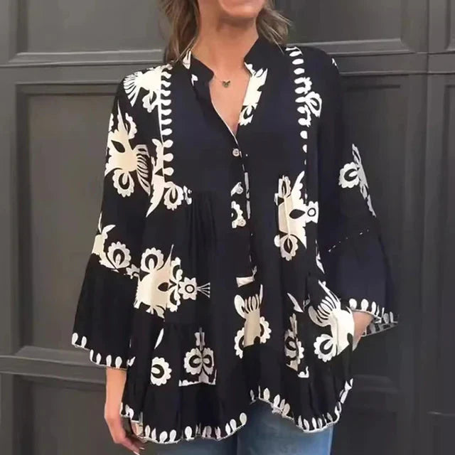 Ada Piemonte™ Boho style button front loose ruffle top