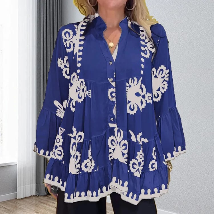Ada Piemonte™ Boho style button front loose ruffle top