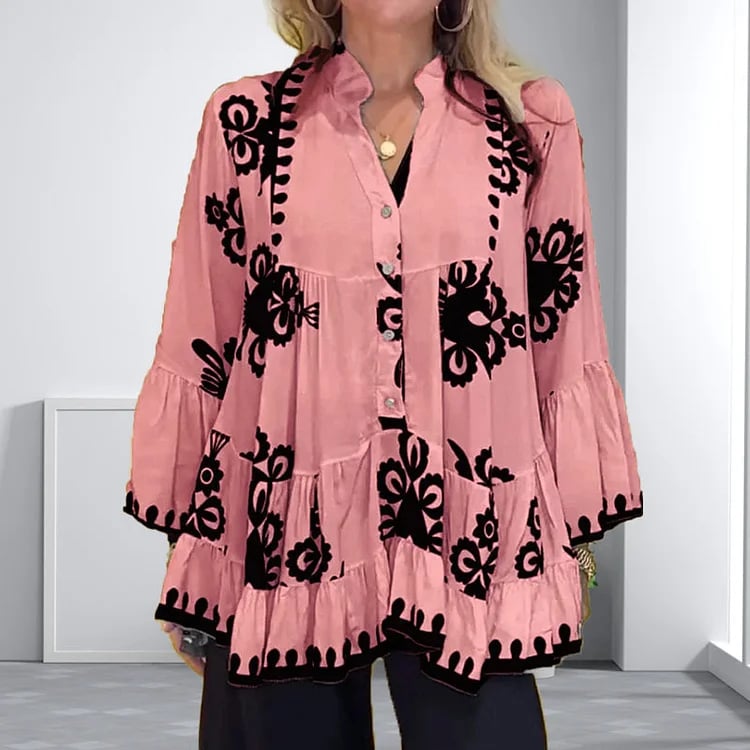 Ada Piemonte™ Boho style button front loose ruffle top