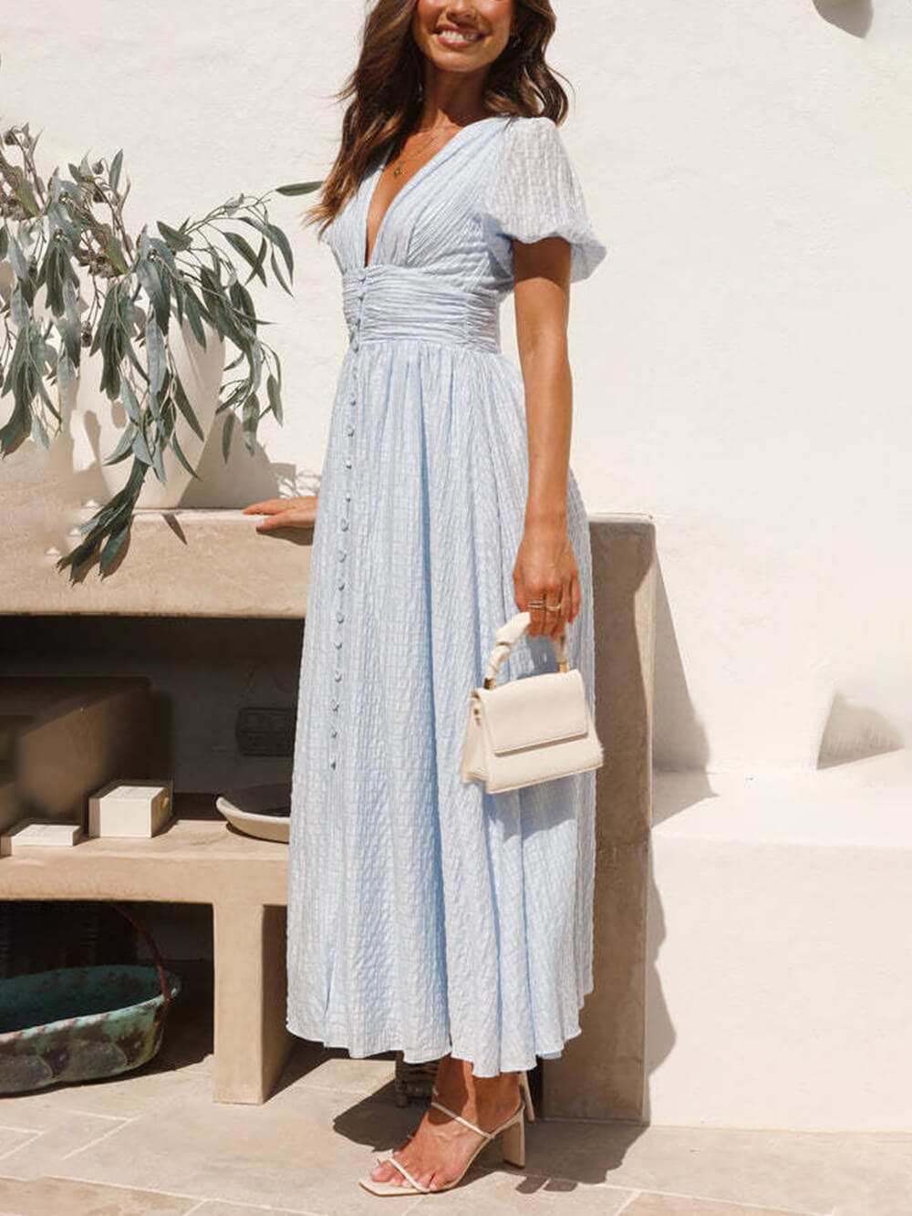 Adoncia Avila™ Rustic maxi dress with puff sleeves and v-neck