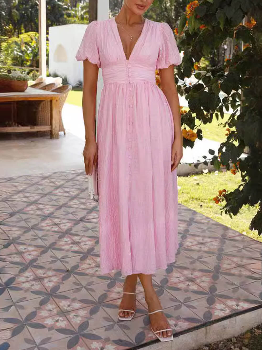 Adoncia Avila™ Rustic maxi dress with puff sleeves and v-neck