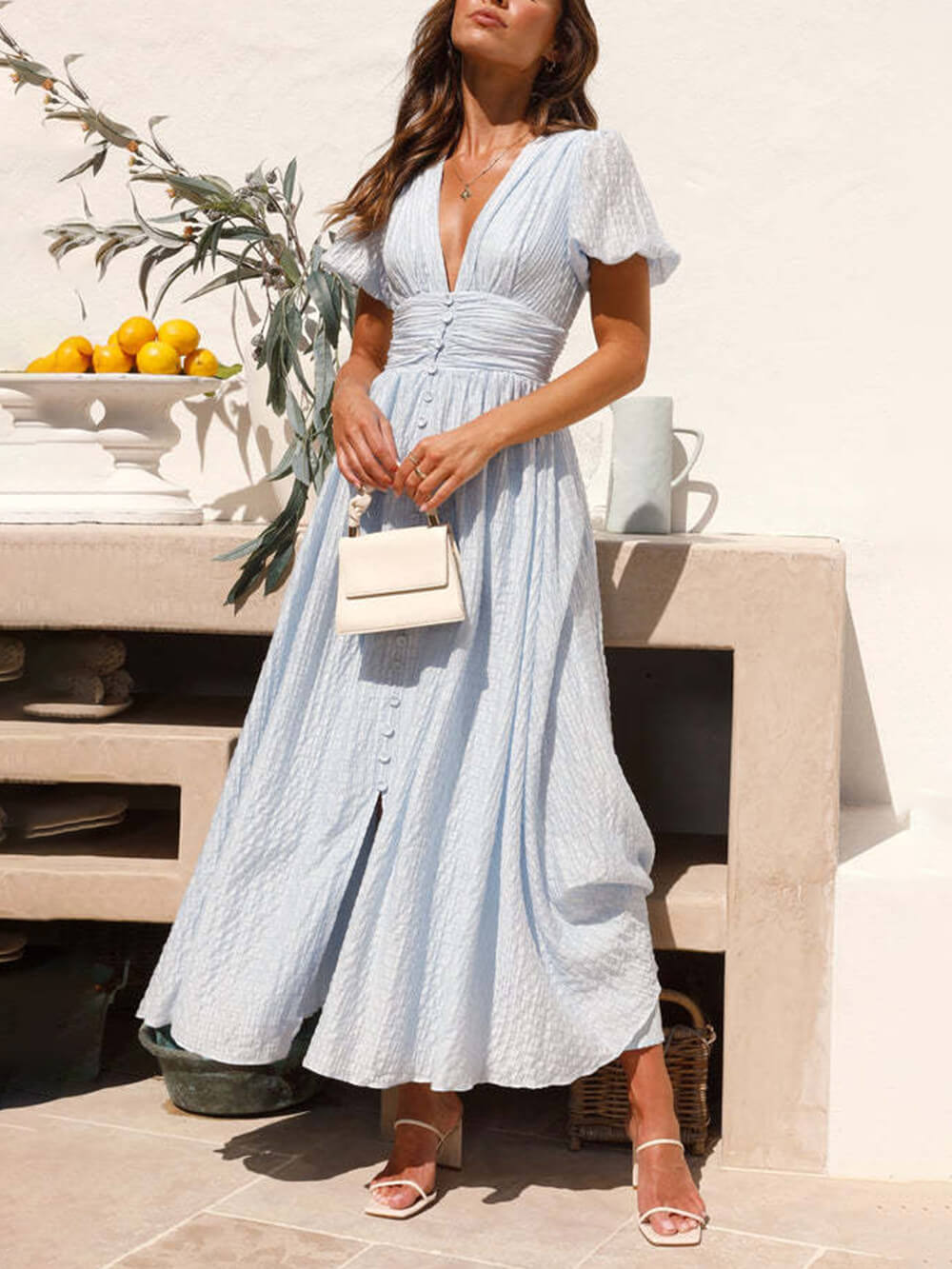 Adoncia Avila™ Rustic maxi dress with puff sleeves and v-neck