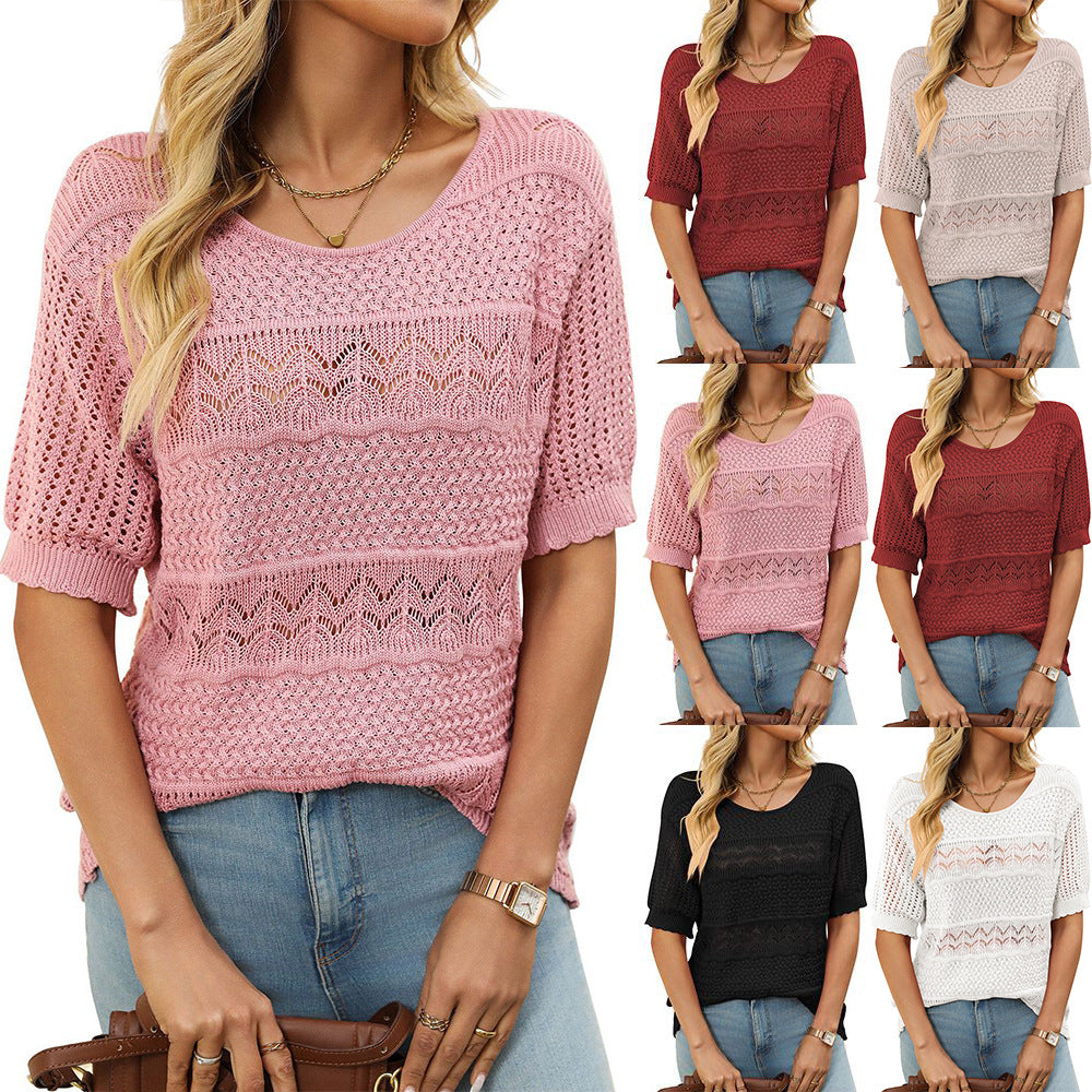 Ambra Merola™ Women's short sleeve sweater with hollow pattern