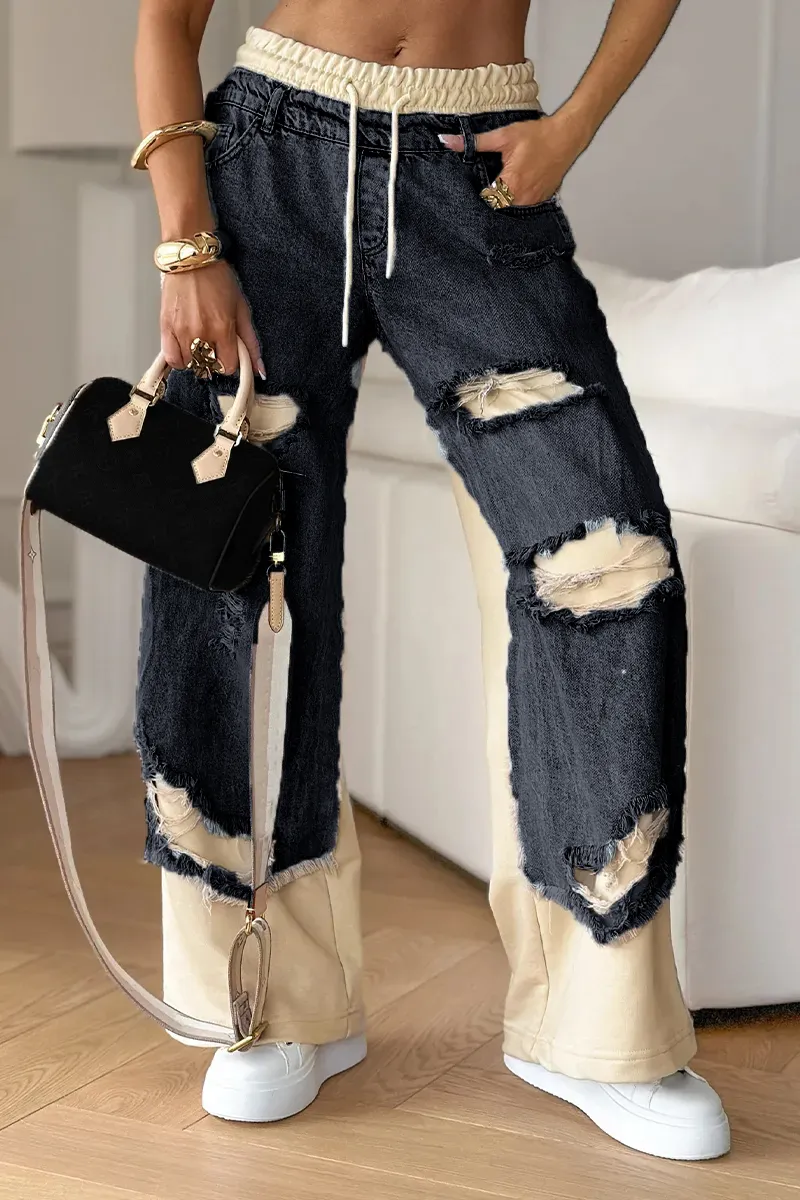 Deanna Motto™ Denim Trousers with Stitching and Ripped Design