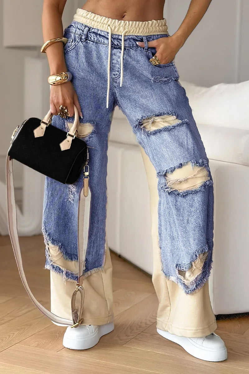 Deanna Motto™ Denim Trousers with Stitching and Ripped Design