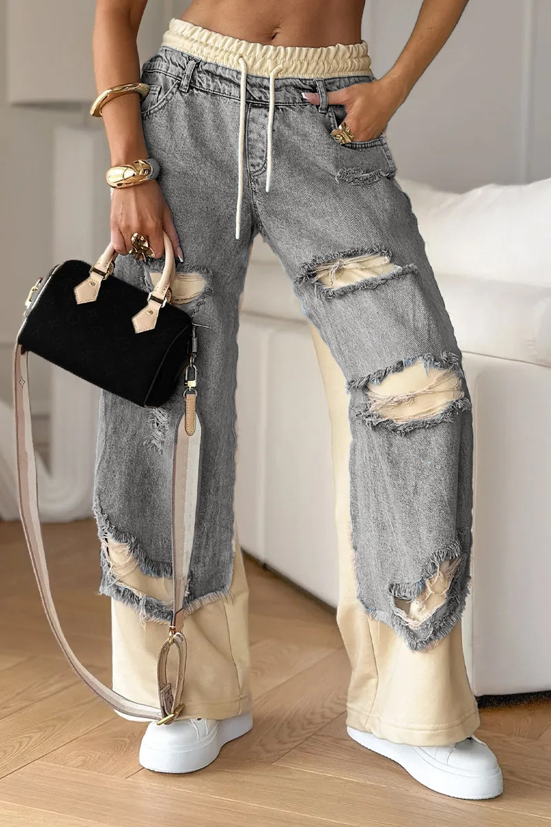 Deanna Motto™ Denim Trousers with Stitching and Ripped Design