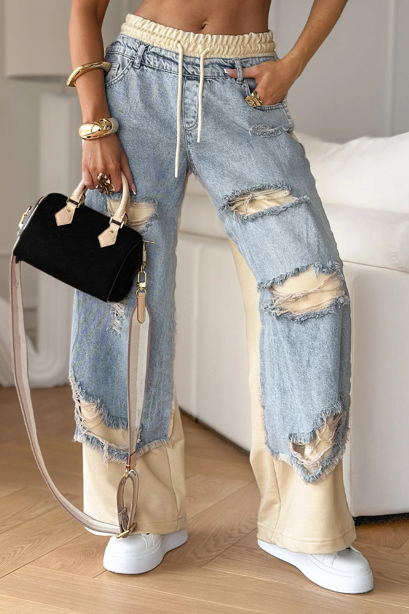 Deanna Motto™ Denim Trousers with Stitching and Ripped Design