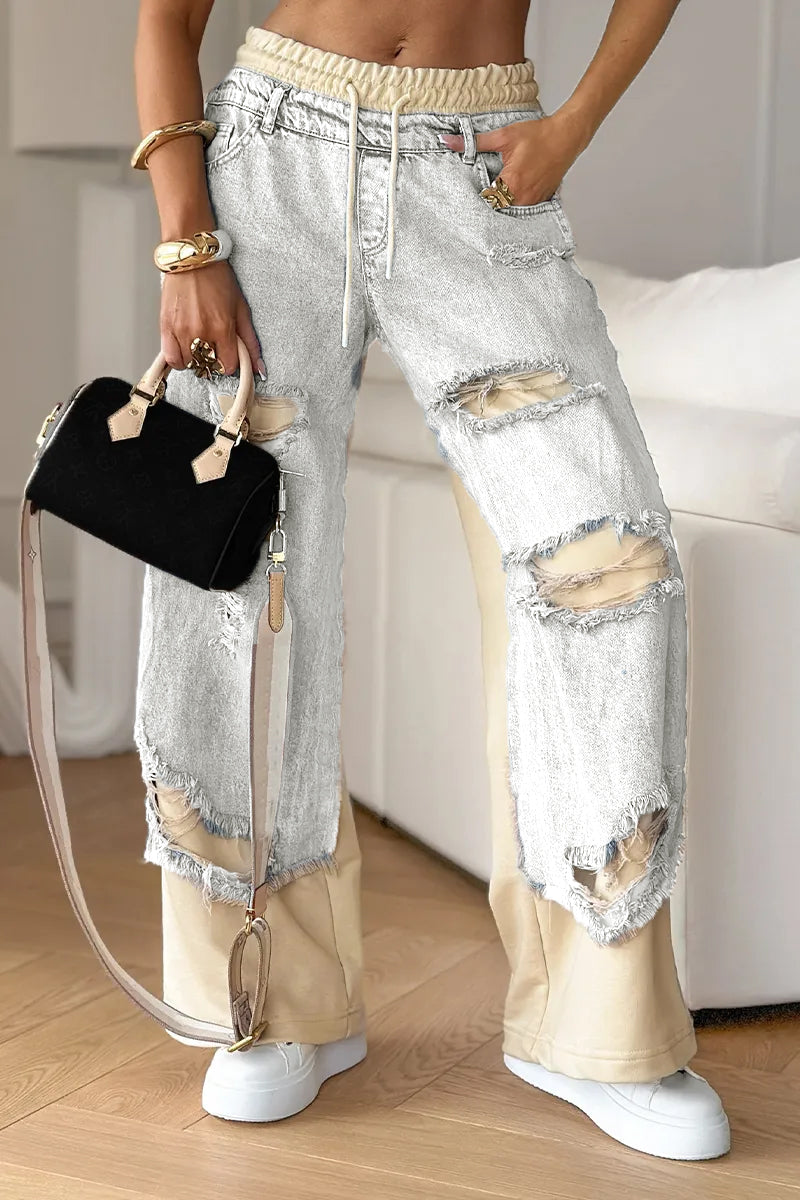 Deanna Motto™ Denim Trousers with Stitching and Ripped Design