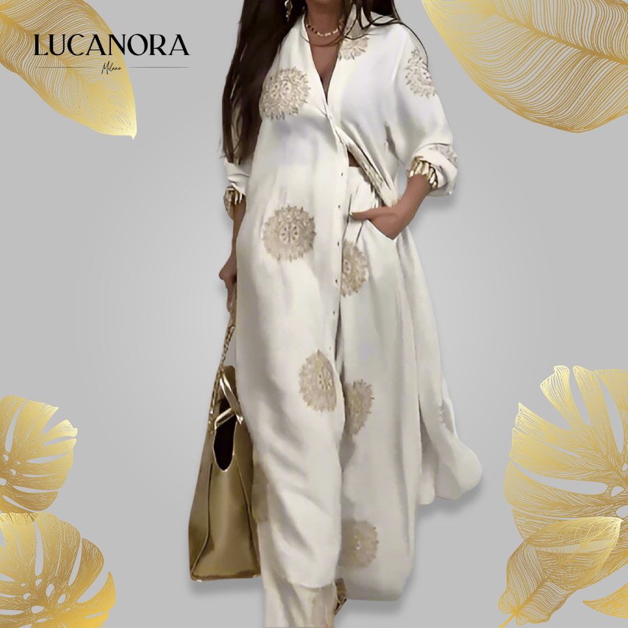 Erica Amadio™ V-neck Long Coat & Printed Wide-leg Pants Two-piece Set