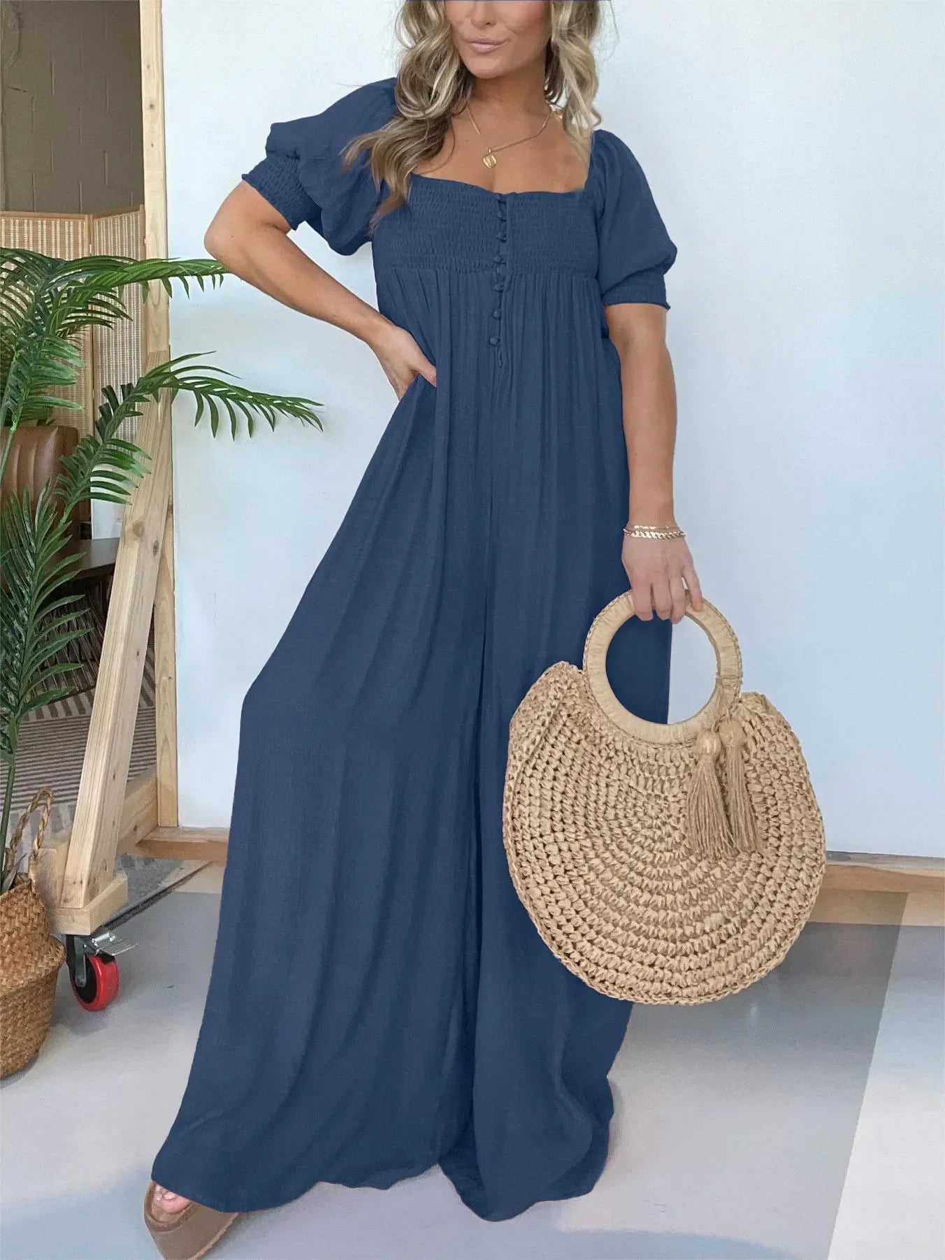 Luisa Gregori™ Women's Square Neckline Jumpsuit With Smocked Bodice Button