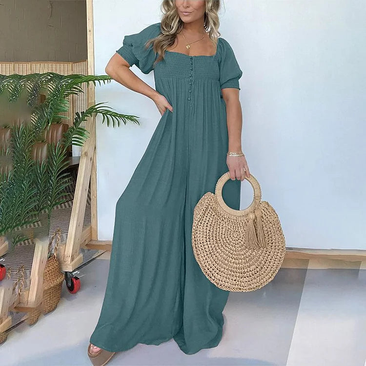 Luisa Gregori™ Women's Square Neckline Jumpsuit With Smocked Bodice Button