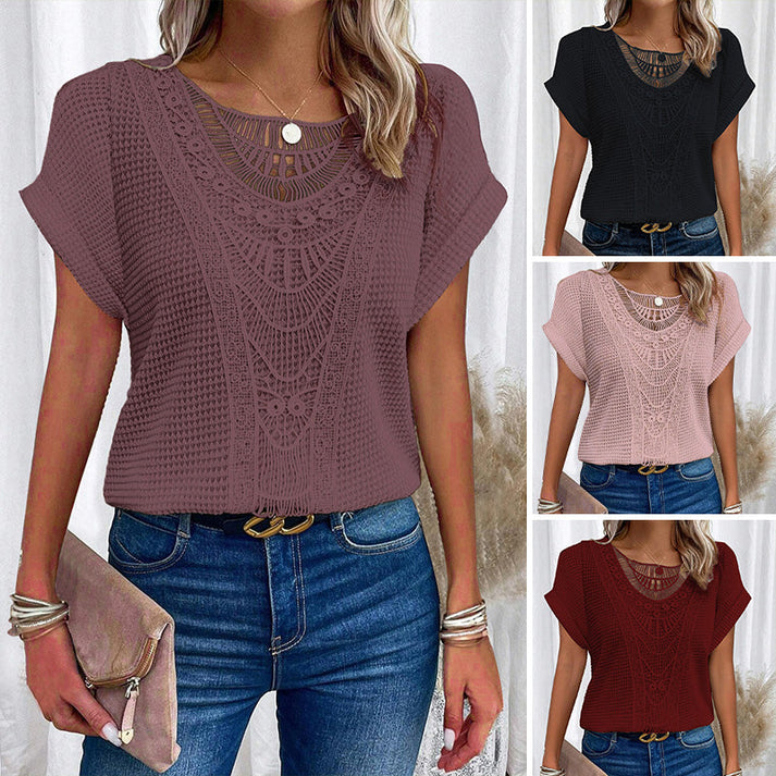Melissa Zarcone™ Women's solid crochet t-shirts with short sleeves and a crew neck