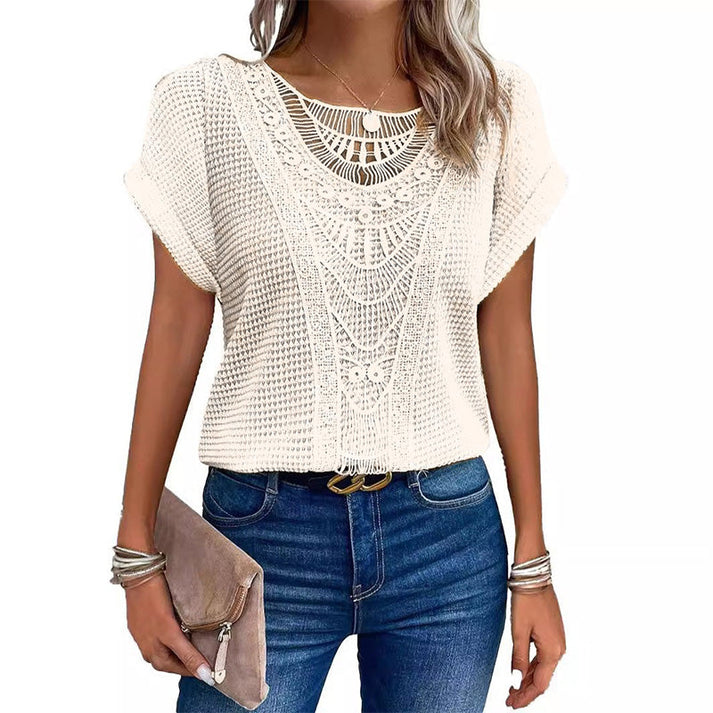 Melissa Zarcone™ Women's solid crochet t-shirts with short sleeves and a crew neck
