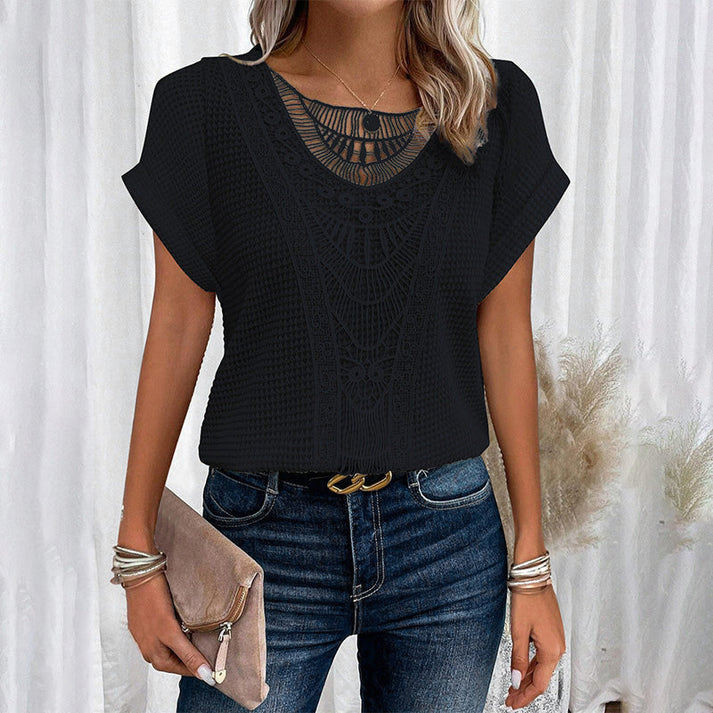 Melissa Zarcone™ Women's solid crochet t-shirts with short sleeves and a crew neck