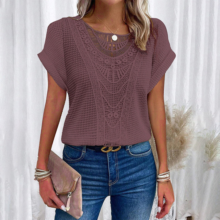 Melissa Zarcone™ Women's solid crochet t-shirts with short sleeves and a crew neck