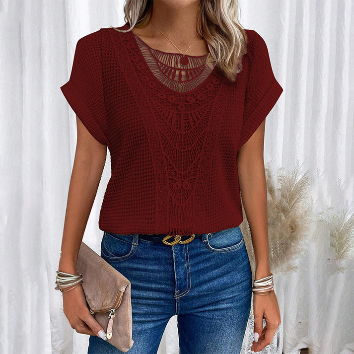 Melissa Zarcone™ Women's solid crochet t-shirts with short sleeves and a crew neck