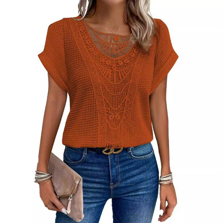Melissa Zarcone™ Women's solid crochet t-shirts with short sleeves and a crew neck