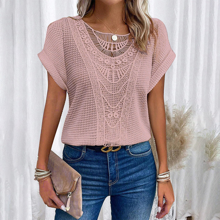 Melissa Zarcone™ Women's solid crochet t-shirts with short sleeves and a crew neck
