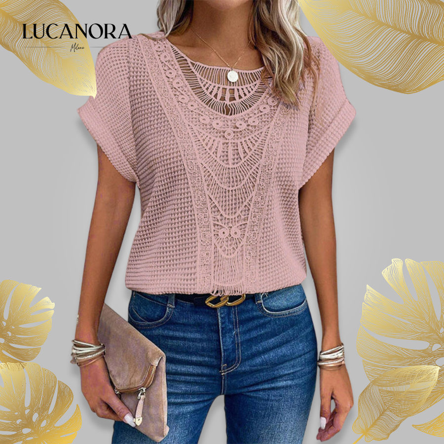 Melissa Zarcone™ Women's solid crochet t-shirts with short sleeves and a crew neck