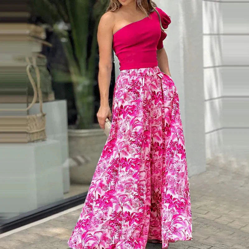 Melissa™ One shoulder puff sleeve trousers and floral trousers