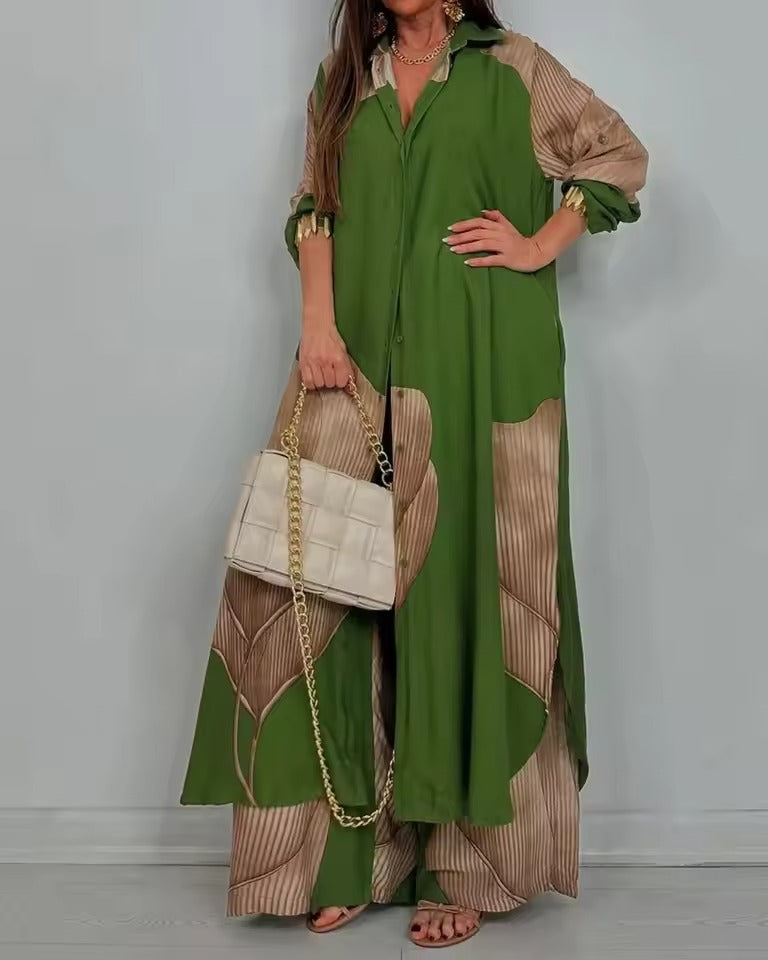 Susanna Perro™ V-neck Patchwork Printed Top and Pants Suit