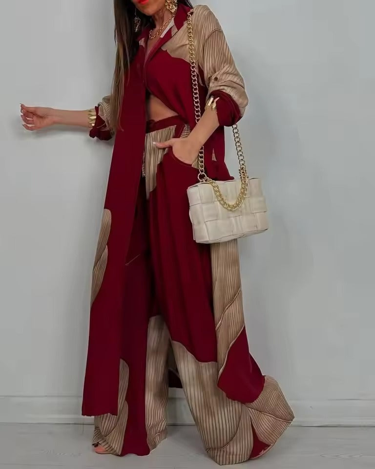 Susanna Perro™ V-neck Patchwork Printed Top and Pants Suit