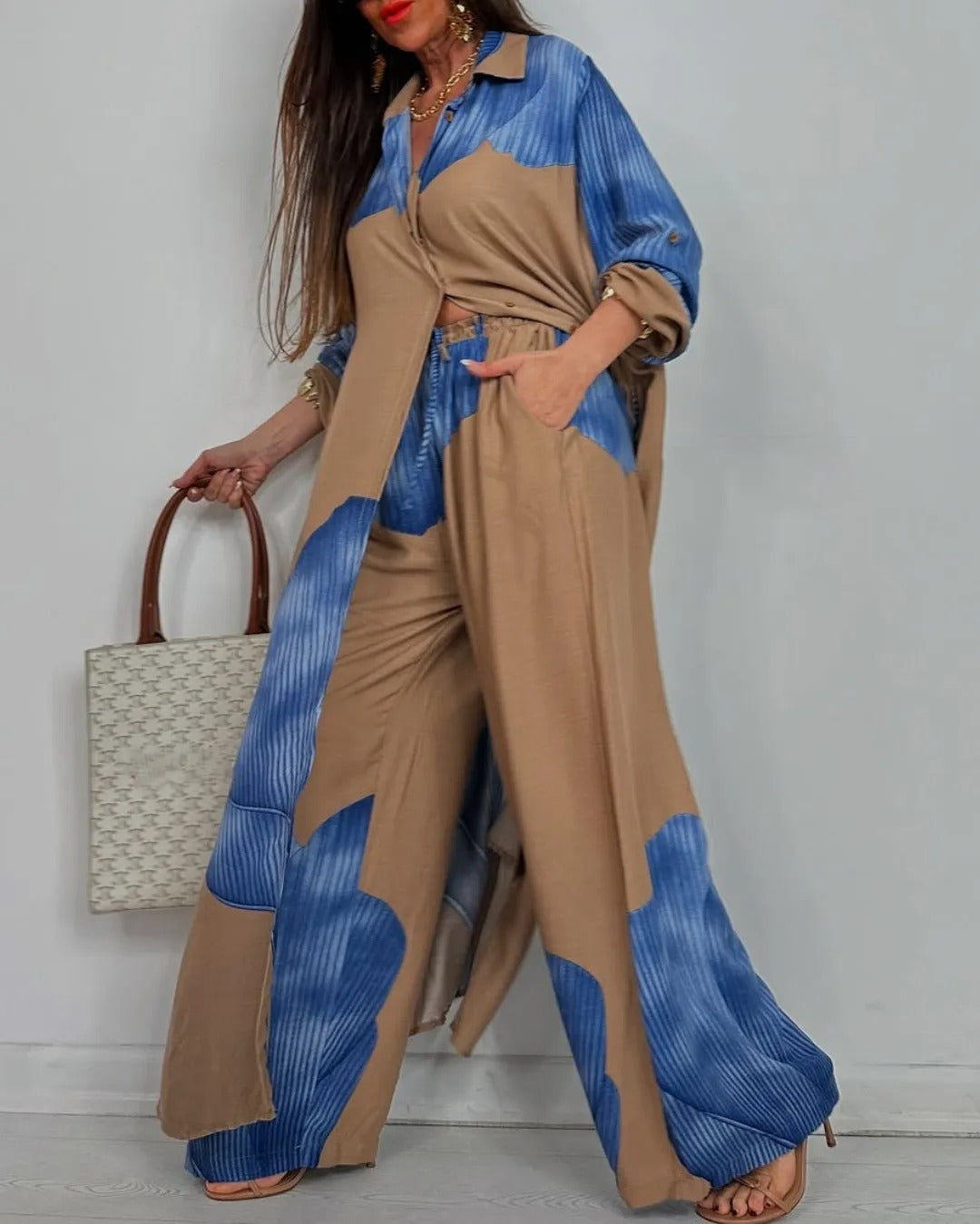 Susanna Perro™ V-neck Patchwork Printed Top and Pants Suit