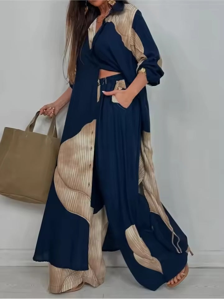 Susanna Perro™ V-neck Patchwork Printed Top and Pants Suit