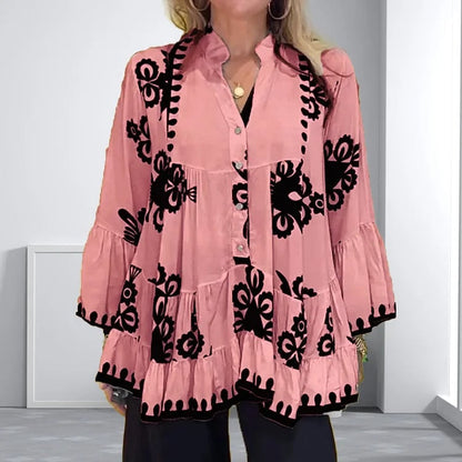 Ada Piemonte™ Boho style button front loose ruffle top