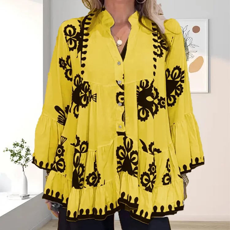 Ada Piemonte™ Boho style button front loose ruffle top