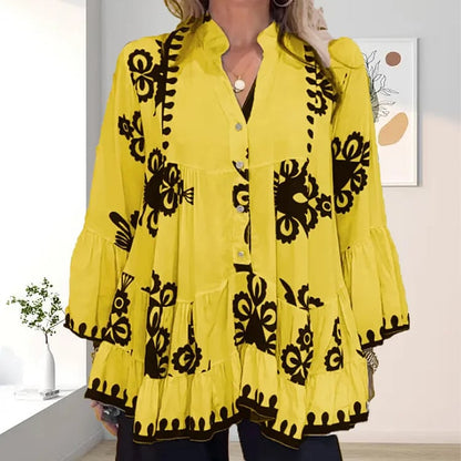 Ada Piemonte™ Boho style button front loose ruffle top