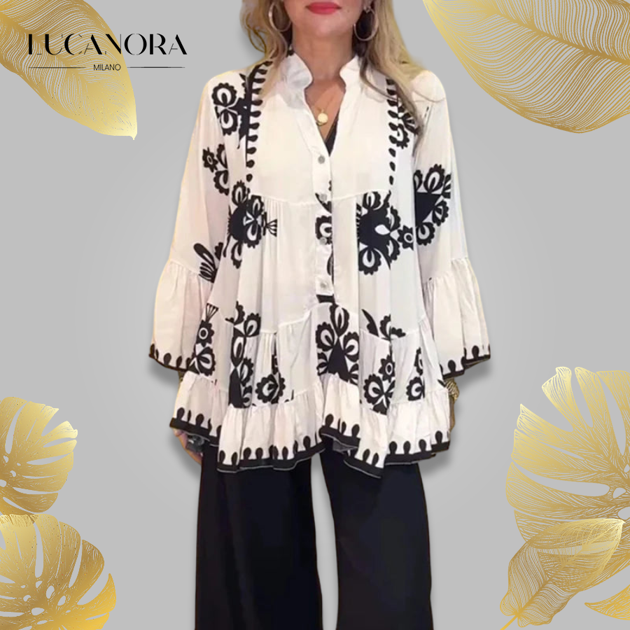 Ada Piemonte™ Boho style button front loose ruffle top