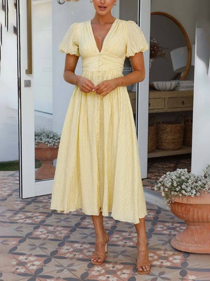 Adoncia Avila™ Rustic maxi dress with puff sleeves and v-neck