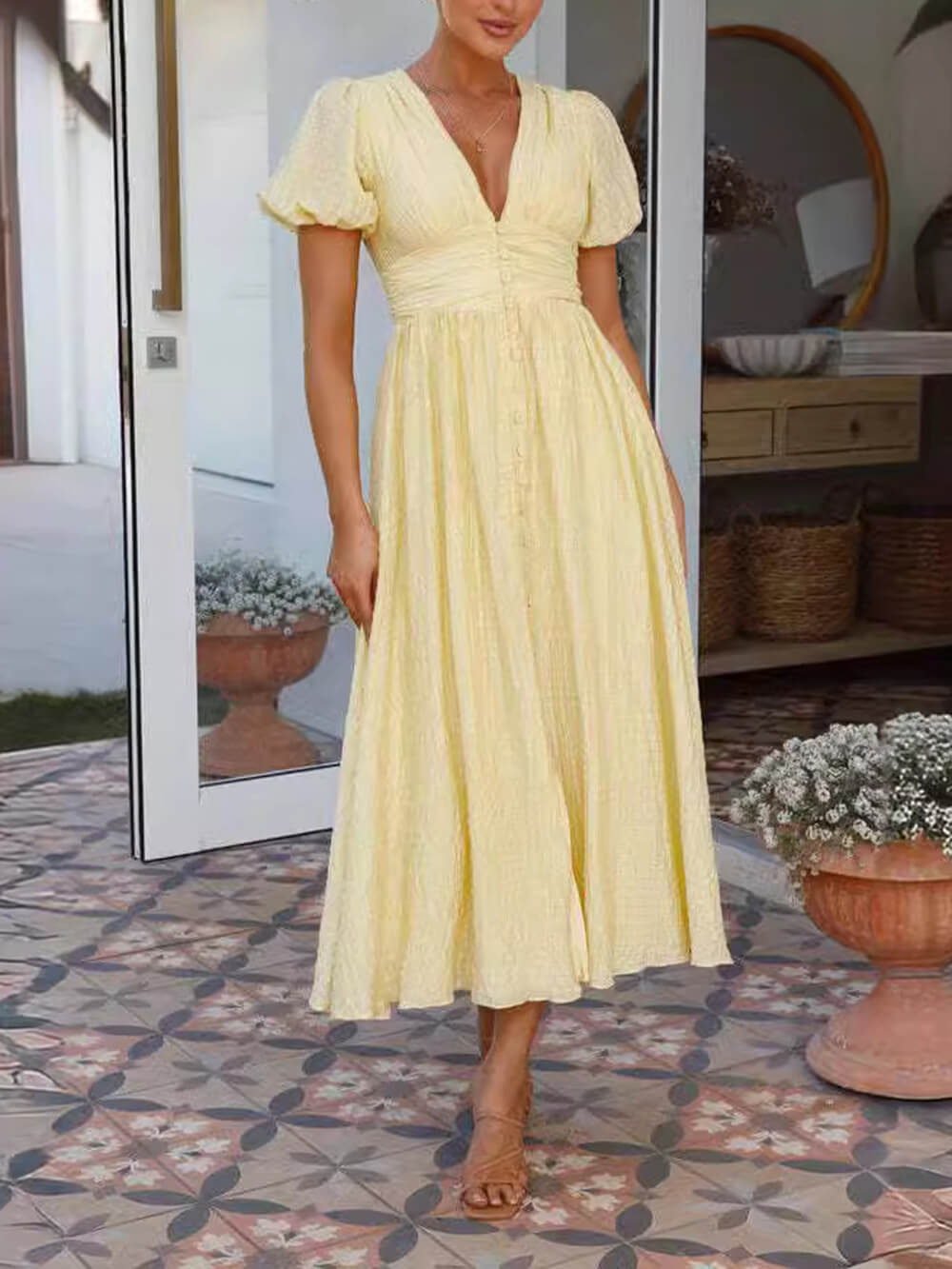 Adoncia Avila™ Rustic maxi dress with puff sleeves and v-neck