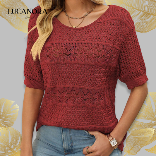 Ambra Merola™ Women's short sleeve sweater with hollow pattern