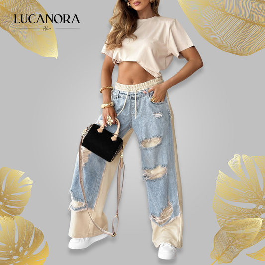 Deanna Motto™ Denim Trousers with Stitching and Ripped Design