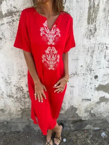 Dora Triglia™ Summer dress with short sleeves and V-shaped print