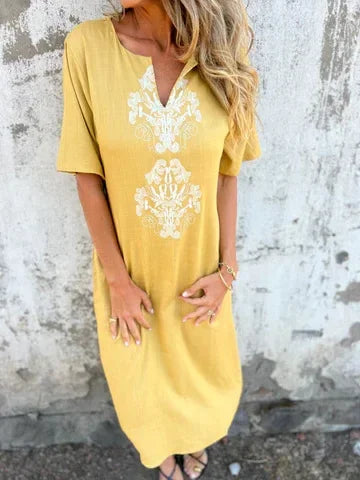 Dora Triglia™ Summer dress with short sleeves and V-shaped print