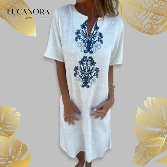Dora Triglia™ Summer dress with short sleeves and V-shaped print