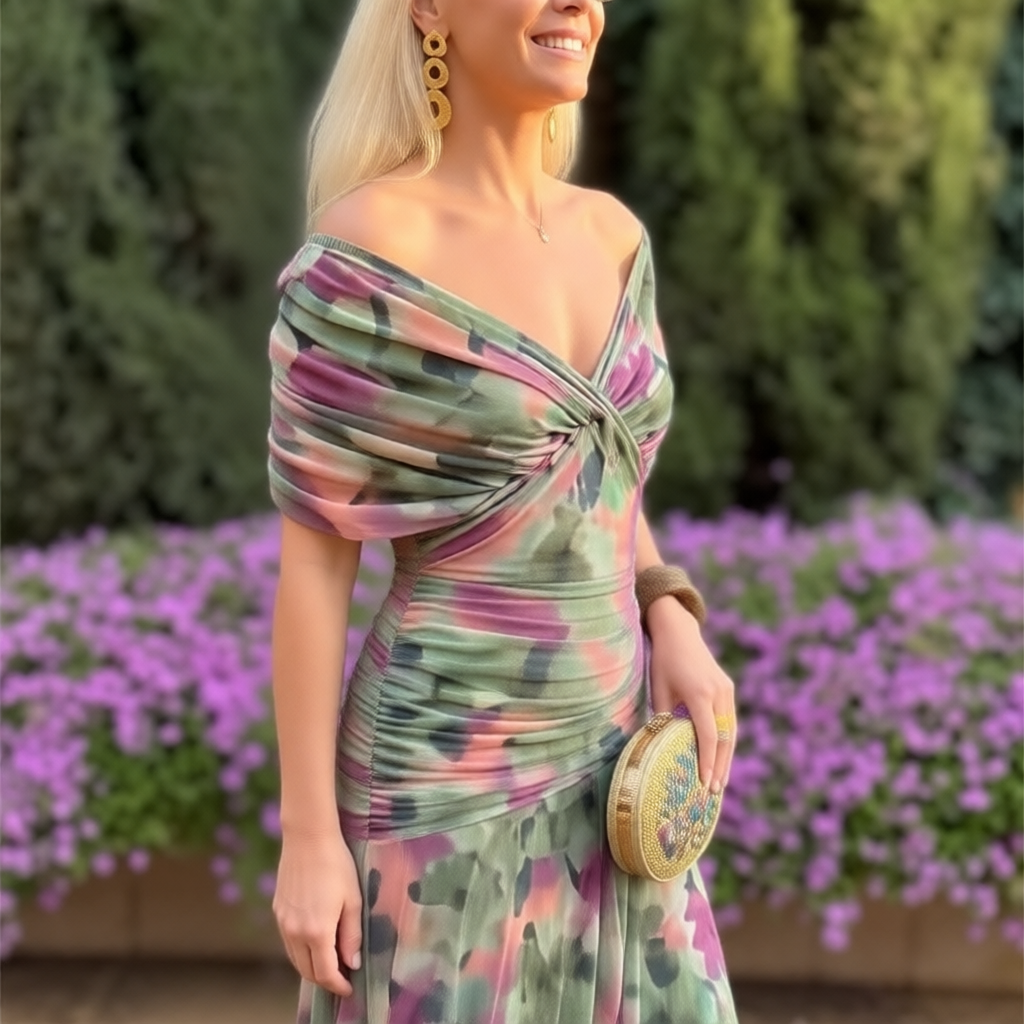 Enrichetta Bellori™ Elegant Off-Shoulder Printed Dress