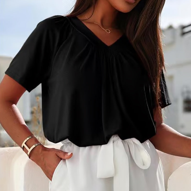 Iris Pilotti™ Women's Casual Pleated Top with Short Sleeves and V-Neck