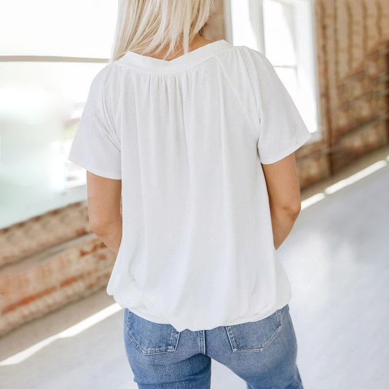 Iris Pilotti™ Women's Casual Pleated Top with Short Sleeves and V-Neck