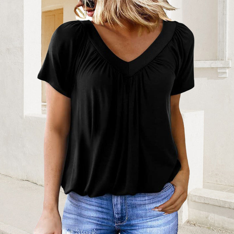 Iris Pilotti™ Women's Casual Pleated Top with Short Sleeves and V-Neck