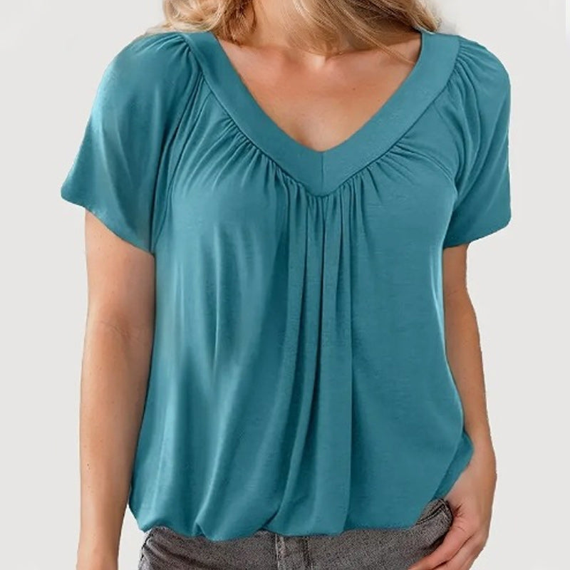 Iris Pilotti™ Women's Casual Pleated Top with Short Sleeves and V-Neck