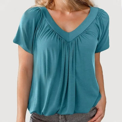 Iris Pilotti™ Women's Casual Pleated Top with Short Sleeves and V-Neck