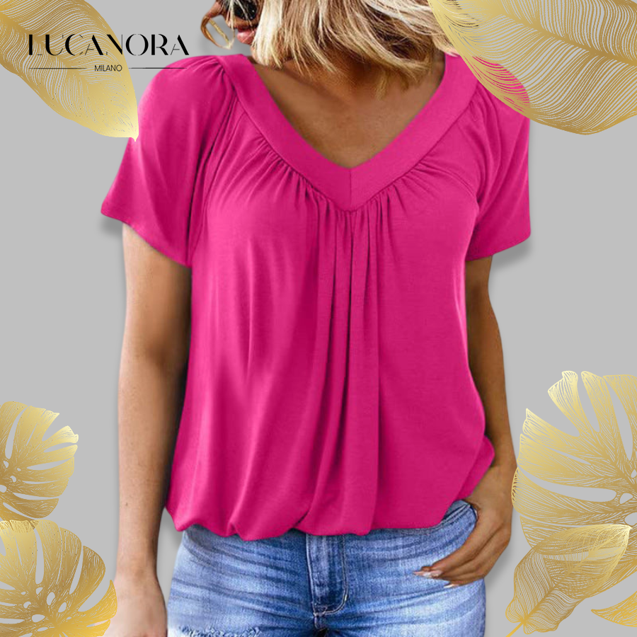 Iris Pilotti™ Women's Casual Pleated Top with Short Sleeves and V-Neck