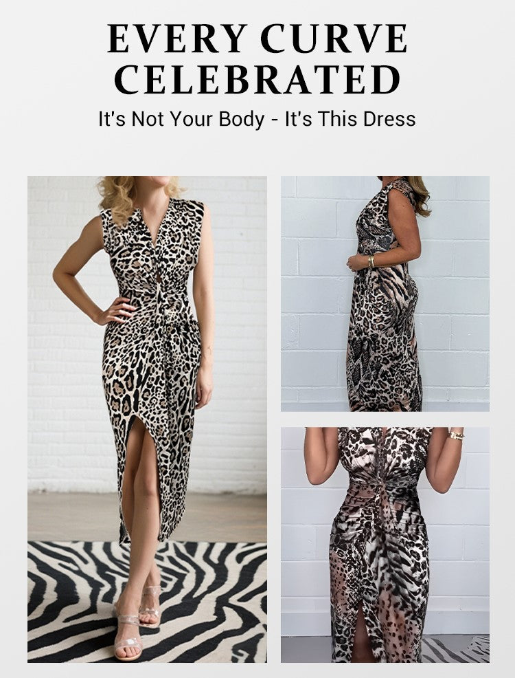Irma Zerilli™ Deep V-Neck Leopard Print Slit Dress
