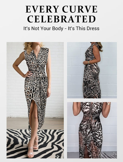 Irma Zerilli™ Deep V-Neck Leopard Print Slit Dress