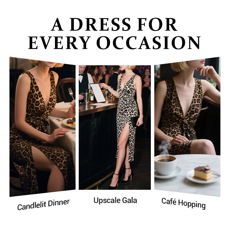 Irma Zerilli™ Deep V-Neck Leopard Print Slit Dress